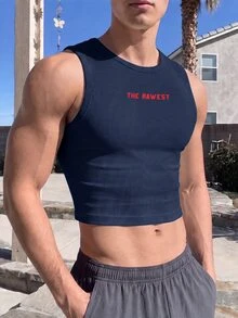 Manfinity Dauomo 時尚街頭風男士短版字母印花背心 - 藏蓝色 - 查看 5