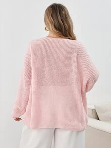 SHEIN CURVE+ Plus Size Women's Deep V-Neck Lightweight Knit Sweater, Casual Elegant Asymmetric Shoulder Long Sleeve Pink Sweater, Autumn, Casual, Brunch, Light Pink - Pink - View 2