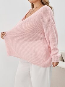SHEIN CURVE+ Plus Size Women's Deep V-Neck Lightweight Knit Sweater, Casual Elegant Asymmetric Shoulder Long Sleeve Pink Sweater, Autumn, Casual, Brunch, Light Pink - Pink - View 4