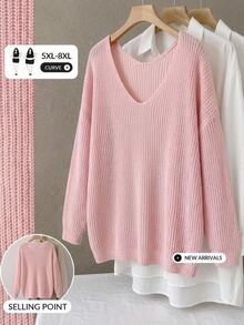 SHEIN CURVE+ Plus Size Women's Deep V-Neck Lightweight Knit Sweater, Casual Elegant Asymmetric Shoulder Long Sleeve Pink Sweater, Autumn, Casual, Brunch, Light Pink - Pink - View 7