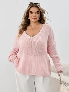 SHEIN CURVE+ Plus Size Women's Deep V-Neck Lightweight Knit Sweater, Casual Elegant Asymmetric Shoulder Long Sleeve Pink Sweater, Autumn, Casual, Brunch, Light Pink - Pink - View 5