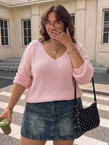 SHEIN CURVE+ Plus Size Women's Deep V-Neck Lightweight Knit Sweater, Casual Elegant Asymmetric Shoulder Long Sleeve Pink Sweater, Autumn, Casual, Brunch, Light Pink - Pink - View 6