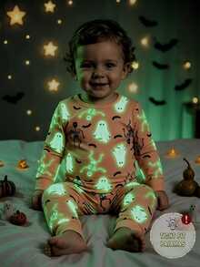 男嬰萬聖節秋季卡通恐龍與棕櫚樹隨機滿版印花圓領長袖上衣與鬆緊腰長褲修身居家服 - 彩色 - 查看 4
