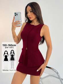 SHEIN PETITE Petite Solid Button Front Vest Blazer & Skirt Suit Set Business Two Pieces Sets Fall/Winter - Burgundy - View 1