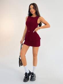 SHEIN PETITE Petite Solid Button Front Vest Blazer & Skirt Suit Set Business Two Pieces Sets Fall/Winter - Burgundy - View 7
