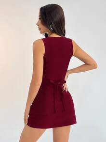SHEIN PETITE Petite Solid Button Front Vest Blazer & Skirt Suit Set Business Two Pieces Sets Fall/Winter - Burgundy - View 2