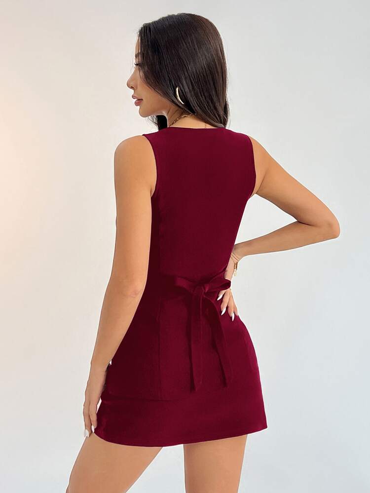 SHEIN PETITE Petite Solid Button Front Vest Blazer & Skirt Suit Set Business Two Pieces Sets Fall/Winter - Burgundy - View 2