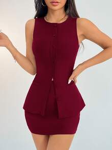 SHEIN PETITE Petite Solid Button Front Vest Blazer & Skirt Suit Set Business Two Pieces Sets Fall/Winter - Burgundy - View 5