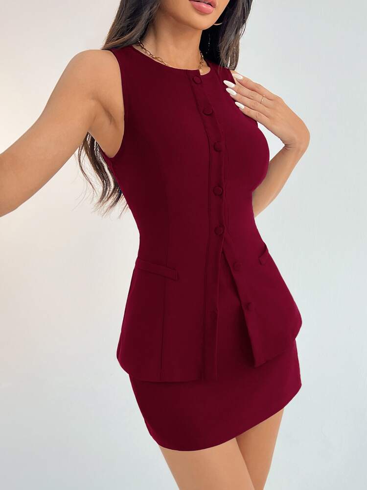 SHEIN PETITE Petite Solid Button Front Vest Blazer & Skirt Suit Set Business Two Pieces Sets Fall/Winter - Burgundy - View 4