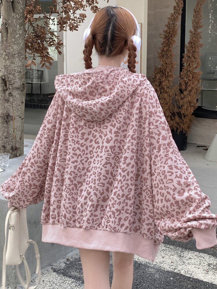 DAZY Women's Front Zip Long Sleeve Leopard Print Hooded Casual Sweatshirt,Long Sleeve Tops,Fall Women Clothes Jacket Hoodies Cute Tops - Pink - View 5