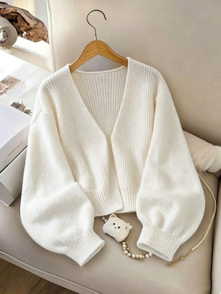 SHEIN 青少年女孩純色休閒百搭日常長袖秋季開襟衫 - 白色 - 查看 1