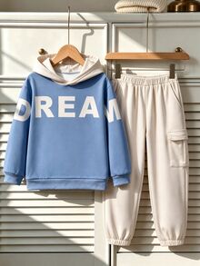 SHEIN Vacaura 青少年男孩字母圖案拼色連帽衛衣與工裝褲套裝，休閒街頭風兩件式口袋套裝，適合秋季 - 藍色 - 查看 2
