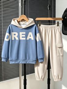 SHEIN Vacaura 青少年男孩字母圖案拼色連帽衛衣與工裝褲套裝，休閒街頭風兩件式口袋套裝，適合秋季 - 藍色 - 查看 7