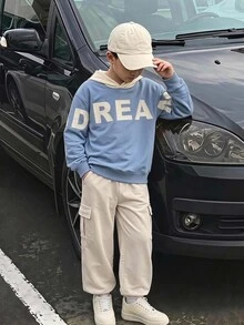 SHEIN Vacaura 青少年男孩字母圖案拼色連帽衛衣與工裝褲套裝，休閒街頭風兩件式口袋套裝，適合秋季 - 藍色 - 查看 6
