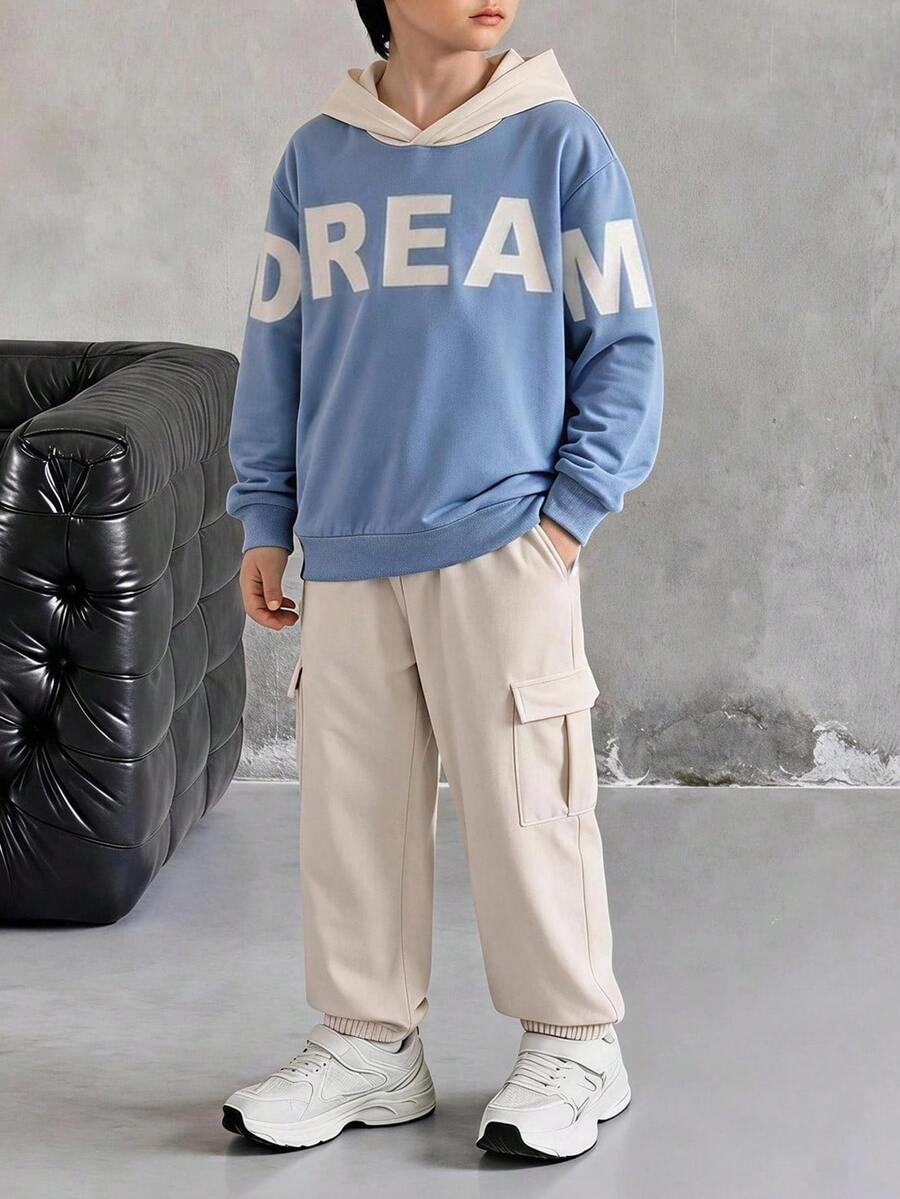 SHEIN Vacaura 青少年男孩字母圖案拼色連帽衛衣與工裝褲套裝,休閒街頭風兩件式口袋套裝,適合秋季 - 藍色 - 查看 1