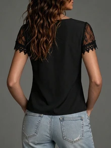 SHEIN 女士蕾絲拼接短袖襯衫 - 黑色 - 查看 2