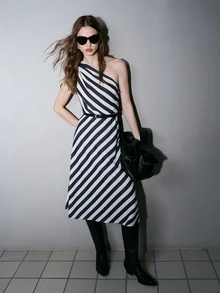 MOTF PREMIUM 26 SPRING/SUMMER WOMEN'S STRIPED PRINT ONE-SHOULDER DRESS WITH BELT - Black and White - View 7