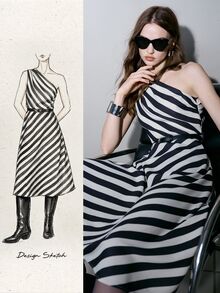 MOTF PREMIUM 26 SPRING/SUMMER WOMEN'S STRIPED PRINT ONE-SHOULDER DRESS WITH BELT - Black and White - View 8