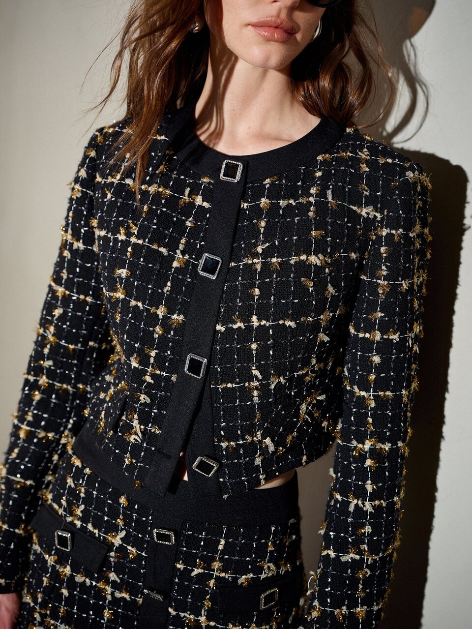 MOTF ELEGANT TWEED PLAID BUTTON FRONT JACKET AND MINI SKIRT TWO PIECE SET FOR WOMEN