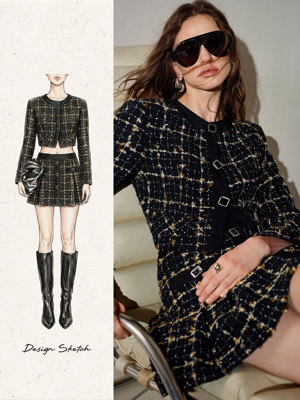 MOTF ELEGANT TWEED PLAID BUTTON FRONT JACKET AND MINI SKIRT TWO PIECE SET FOR WOMEN