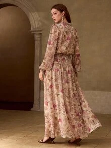 MOTF PREMIUM GAUN PANJANG A-LINE BERMOTIF PENUH DAN BERKERUT UNTUK WANITA MUSIM GUGUR - MultiWarna - View 3