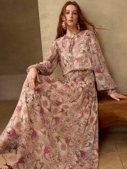 MOTF PREMIUM WOMEN'S AUTUMN FULL PRINT SHIRRED LONG A-LINE DRESS