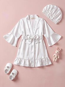 Bata para bebé recién nacida, tela de seda de unicolor, con ribete de volantes y lazo de unicolor suave - Blanco - Ver 8