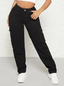 Slaydiva Flap Pocket Side Cargo Jeans - Black - View 8