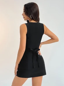 SHEIN PETITE 女款小巧優雅休閒黑色辦公商務前扣背心西裝外套套裙套裝，兩件式老錢風教師穿搭，教師節適用 - 黑色 - 查看 2