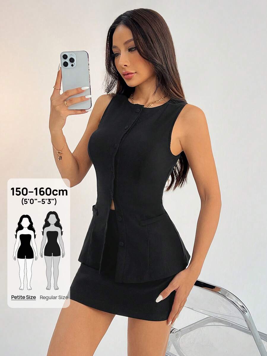 SHEIN PETITE 女款小巧優雅休閒黑色辦公商務前扣背心西裝外套套裙套裝,兩件式老錢風教師穿搭,教師節適用 - 黑色 - 查看 1
