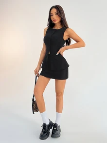 SHEIN PETITE 女款小巧優雅休閒黑色辦公商務前扣背心西裝外套套裙套裝，兩件式老錢風教師穿搭，教師節適用 - 黑色 - 查看 7