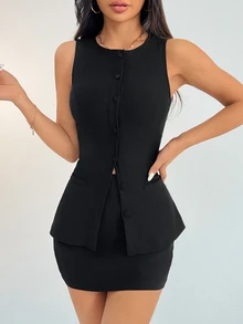 SHEIN PETITE 女款小巧優雅休閒黑色辦公商務前扣背心西裝外套套裙套裝，兩件式老錢風教師穿搭，教師節適用 - 黑色 - 查看 4