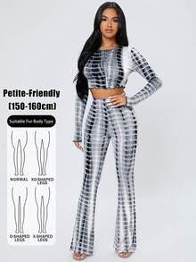 SHEIN PETITE 小碼紮染荷葉邊短版上衣與喇叭褲套裝 - 黑與白 - 查看 1