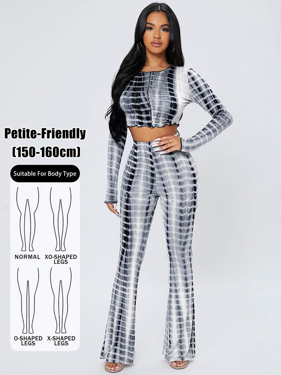 SHEIN PETITE 小碼紮染荷葉邊短版上衣與喇叭褲套裝 - 黑與白 - 查看 1