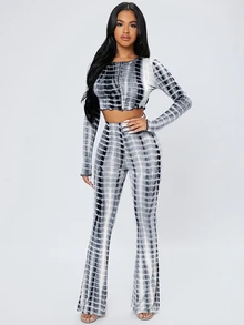 SHEIN PETITE 小碼紮染荷葉邊短版上衣與喇叭褲套裝 - 黑與白 - 查看 6