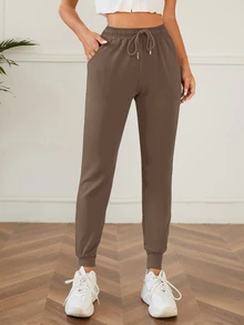 SHEIN PETITE بنطلون رياضي صغير الحجم بلون موحد مع خصر برباط وجيوب مائلة - بني مخاوي - مشاهدة 6