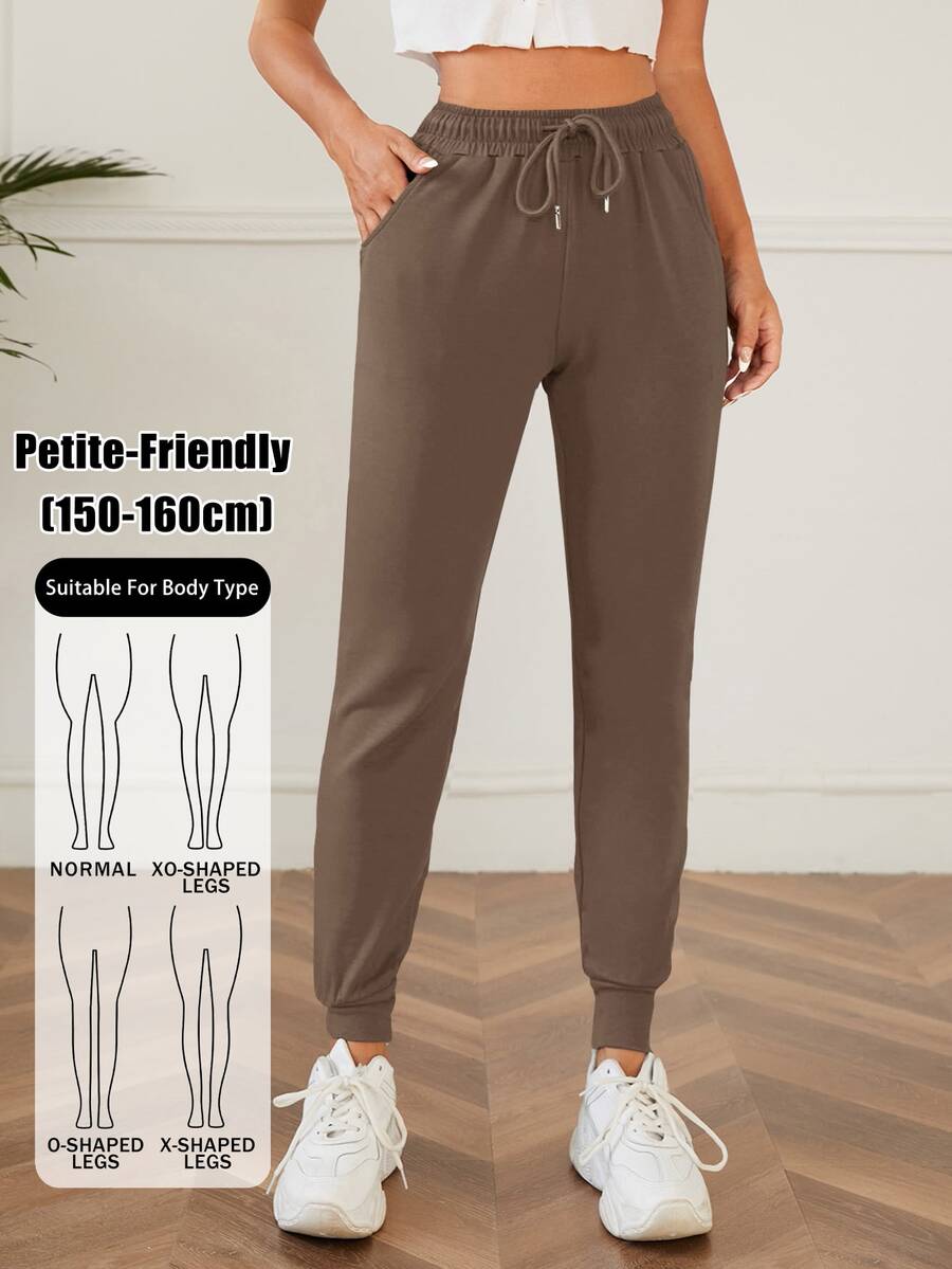 SHEIN PETITE بنطلون رياضي صغير الحجم بلون موحد مع خصر برباط وجيوب مائلة - بني مخاوي - مشاهدة 1