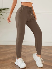 SHEIN PETITE بنطلون رياضي صغير الحجم بلون موحد مع خصر برباط وجيوب مائلة - بني مخاوي - مشاهدة 3