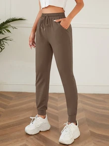 SHEIN PETITE بنطلون رياضي صغير الحجم بلون موحد مع خصر برباط وجيوب مائلة - بني مخاوي - مشاهدة 4