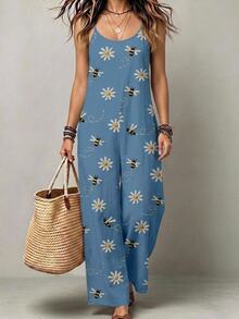 EMERY ROSE Women's Casual Boho Breezy Tropical White And Blue Floral Jumpsuit, Versatile Holiday Wear Beach Vacation Summer - Blue - View 6
