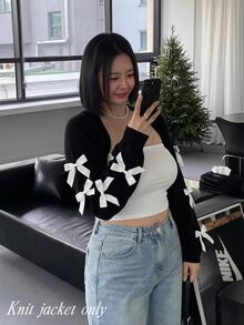 SHEIN MOD 大尺碼短版針織開襟衫，黑色，袖口蝴蝶結裝飾，冬季款 - 黑色 - 查看 3