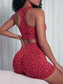 SHEIN Core Rhythm Women's Leopard Print Jacquard Tank Top & Shorts Sports Set - Red - View 3