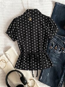 SHEIN Franclia 女款交叉領鈕扣式抓皺黑白波點襯衫，法式復古夏日早午餐風 - 黑色 - 查看 2
