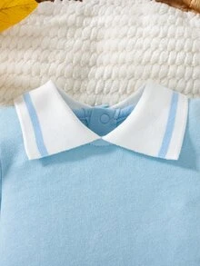 SHEIN 新生兒男嬰秋季套裝 藍色長袖翻領針織簡約純色長褲 2件套 - 藍色 - 查看 5