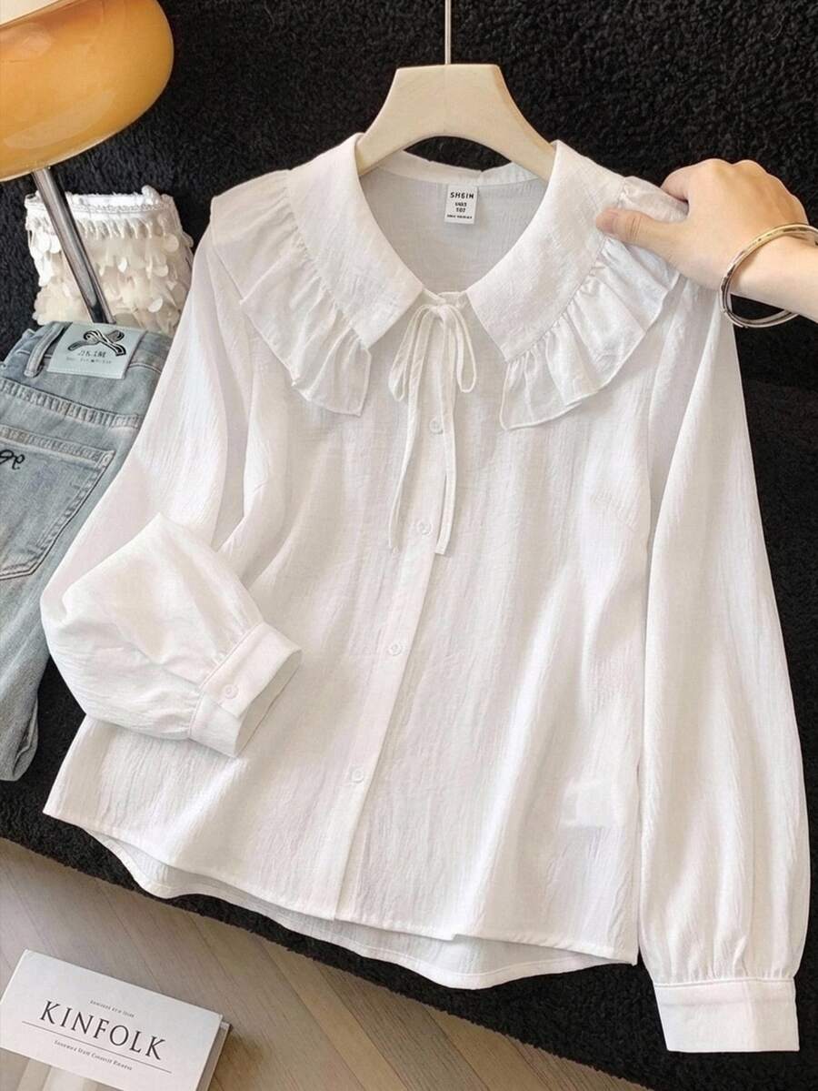 SHEIN Tween Girl Tween Girl Tween Girls Blouses Woven White Ruffle Collar Casual Long Sleeve Shirt - White - View 1