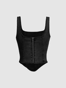 SHEIN MOD 女款純色方領休閒不對稱下擺牛仔上衣，適合夏季 - 黑色 - 查看 2