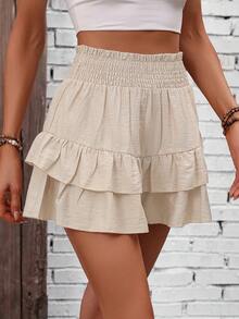Breezaya Women's Black Traceable Cotton Skorts With Shirred Waist And Ruffle Hem, 2 In 1 Vacation Style - Khaki - View 4