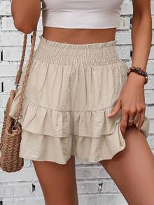 Breezaya Women's Black Traceable Cotton Skorts With Shirred Waist And Ruffle Hem, 2 In 1 Vacation Style - Khaki - View 6