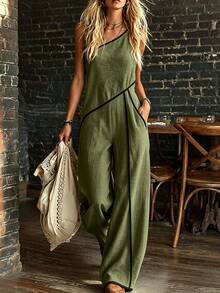 SHEIN Holidaya Women's Summer Elegant Asymmetric Shoulder Wide Leg Jumpsuit, Casual Commute Style, Date Photo Office Outfit - Green - View 5