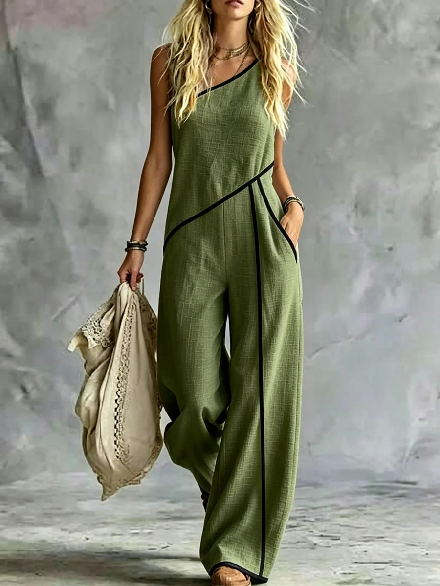SHEIN Holidaya Women's Summer Elegant Asymmetric Shoulder Wide Leg Jumpsuit, Casual Commute Style, Date Photo Office Outfit